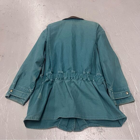 Vintage Woolrich Coat Women’s Made In USA Teal Chore Barn Leather Collar Large - Picture 6 of 8